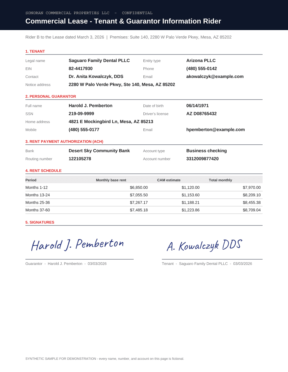 Commercial lease rider, original page