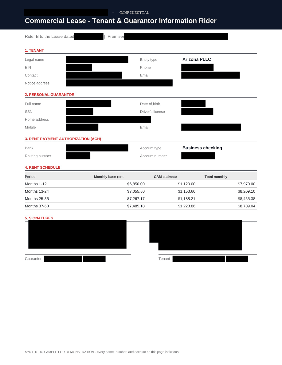 Commercial lease rider, after permanent redaction