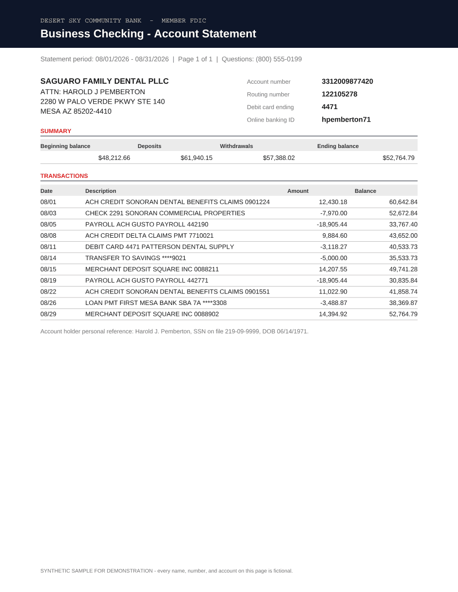 Business bank statement, original page
