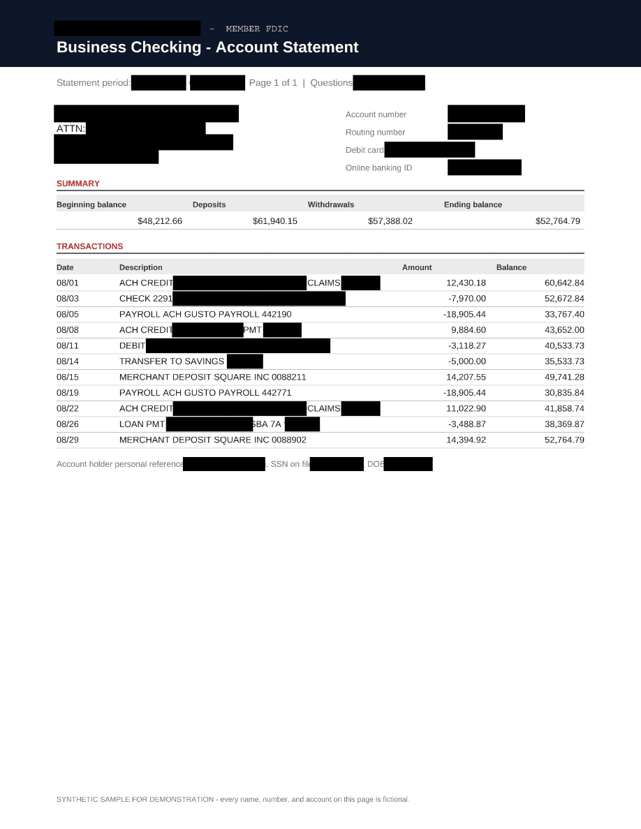 Business bank statement, after permanent redaction