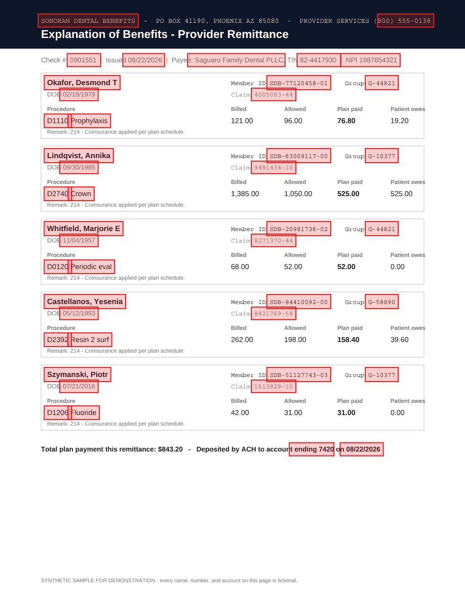 EOB provider remittance, with detection boxes