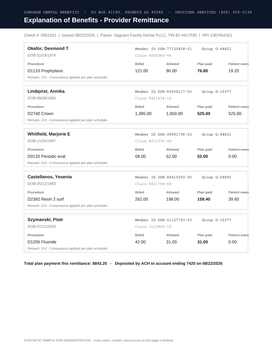 EOB provider remittance, original page