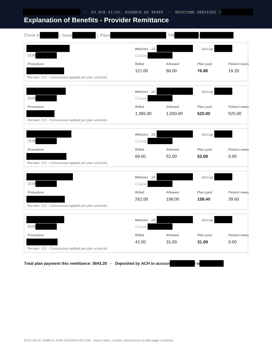 EOB provider remittance, after permanent redaction