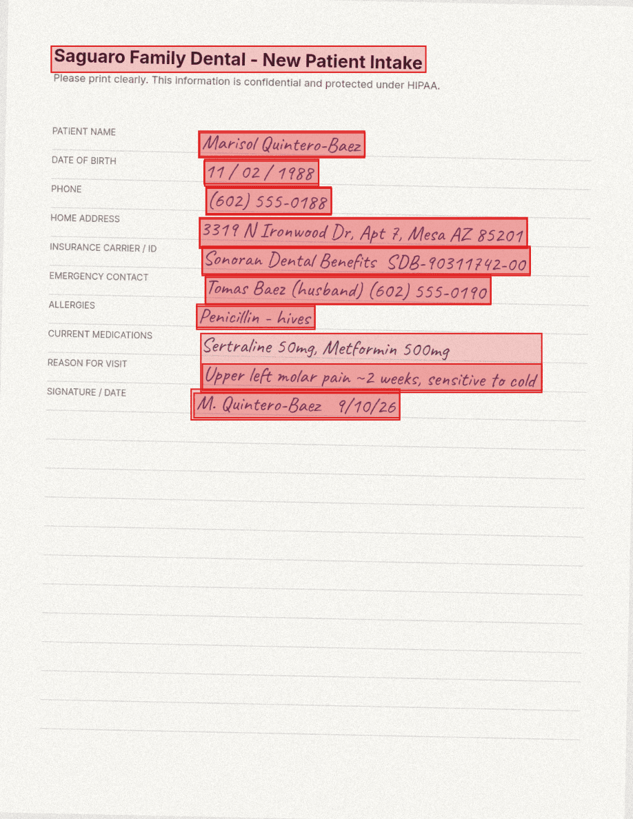Handwritten intake form (phone-quality scan), with detection boxes