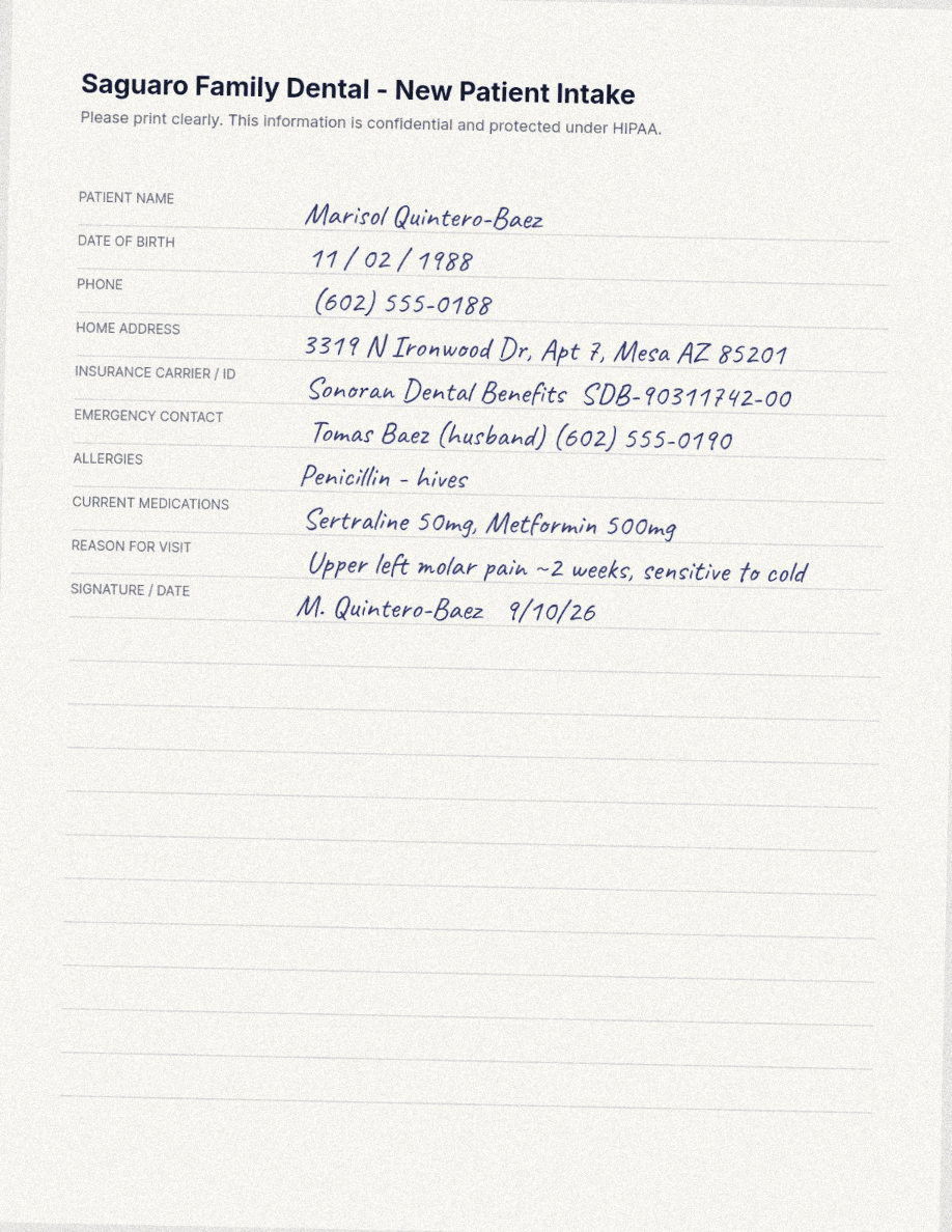 Handwritten intake form (phone-quality scan), original page